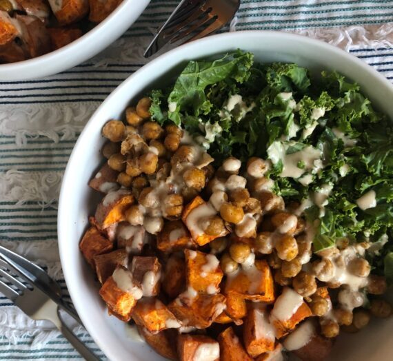 Sweet Potatoes and Kale with Crispy Chickpeas and Tahini Sauce