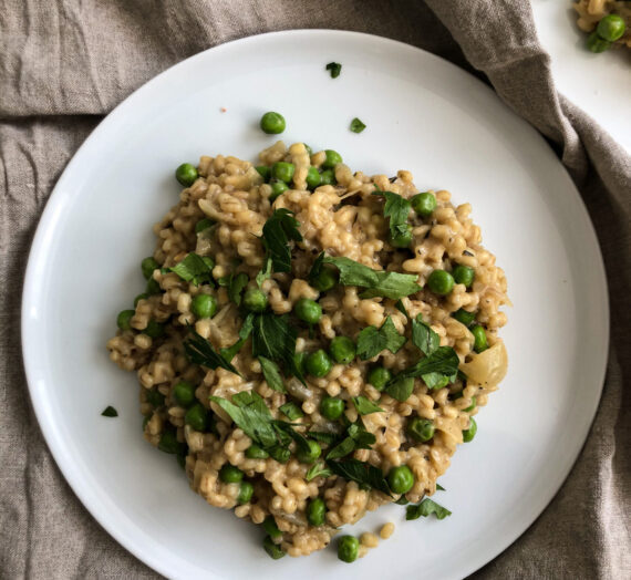 Barley Risotto with Garden Peas and Roasted Garlic