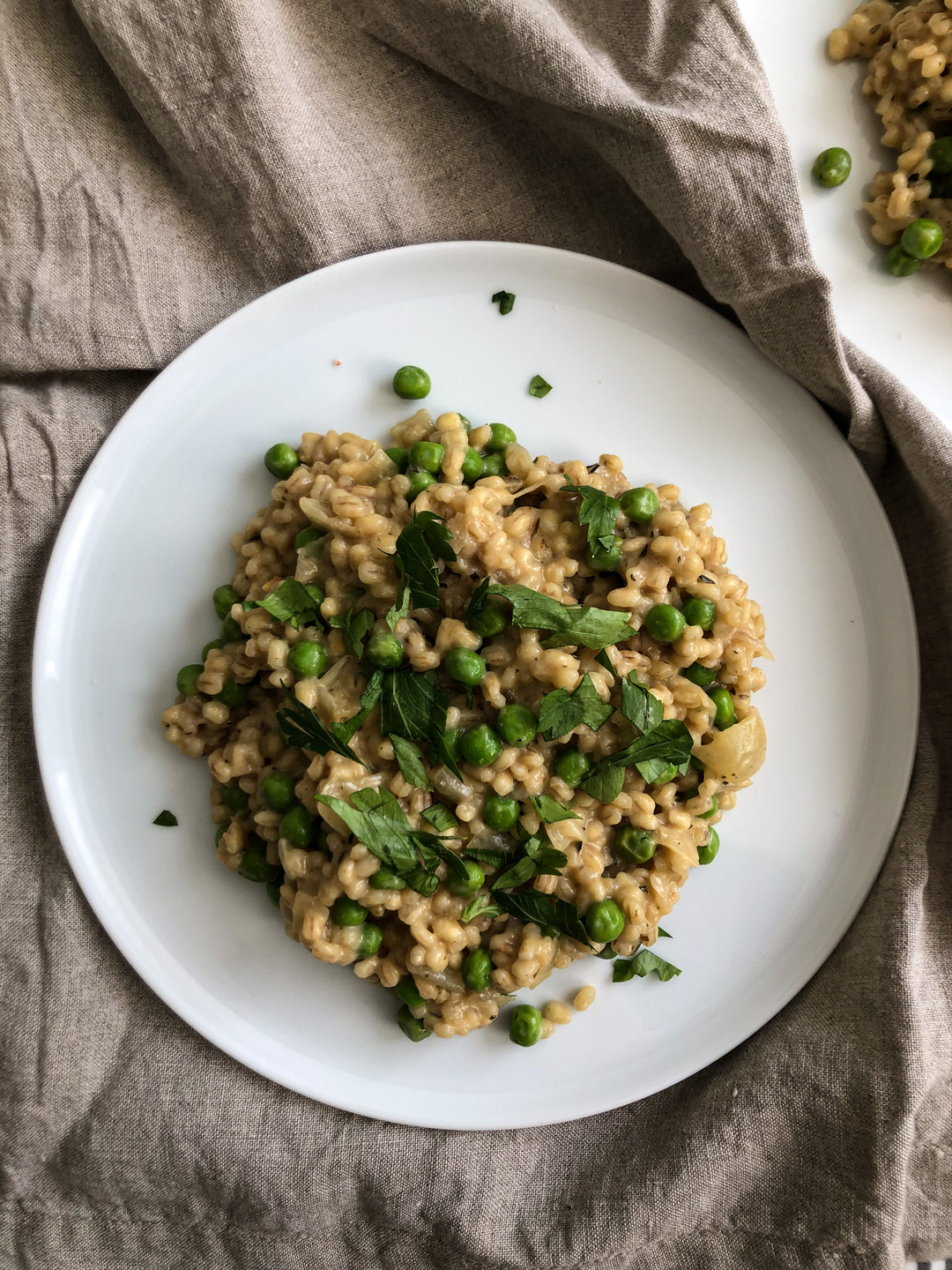 barley risotto with garden peas and roasted garlic