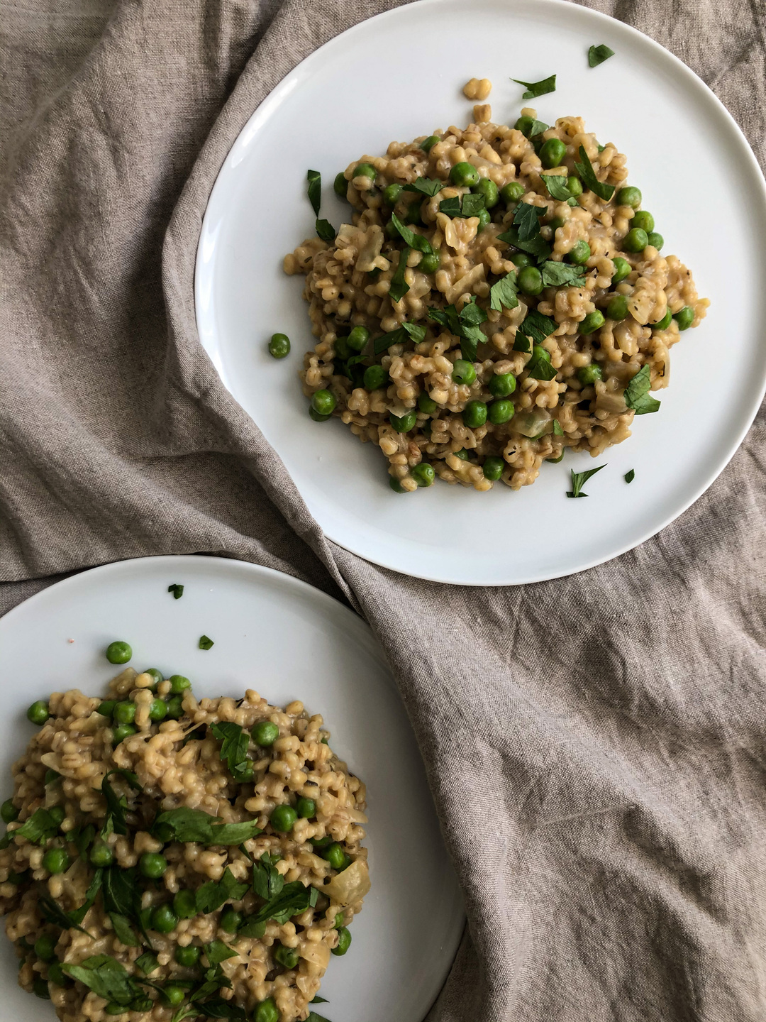 barley risotto with garden peas and roasted garlic